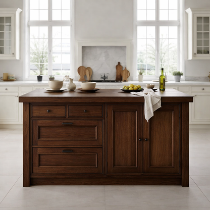 Solid Wood Kitchen Island with Drawers & Cabinet – Farmhouse Kitchen Storage Table