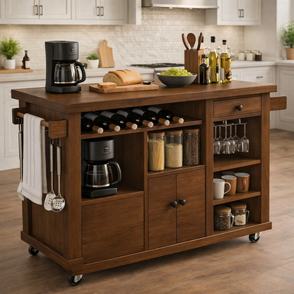 Solid Wood Rolling Kitchen Island with Wine Rack & Storage – Kitchen Cart on Wheels