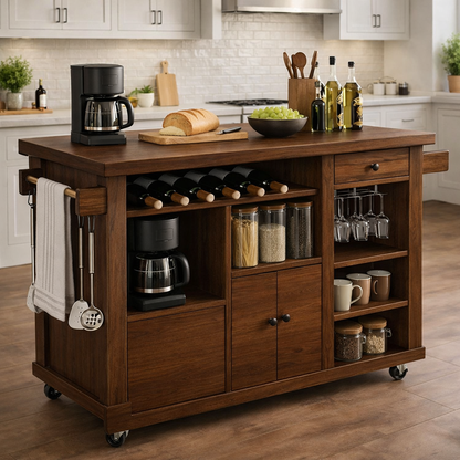 Solid Wood Rolling Kitchen Island with Wine Rack & Storage – Kitchen Cart on Wheels