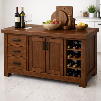 Solid Wood Kitchen Island with Wine Rack & Storage Drawers – Kitchen Storage Cabinet