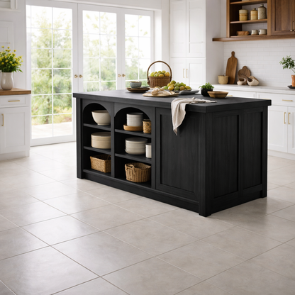 Solid Wood Kitchen Island with Arched Open Shelves – Walnut Farmhouse Storage Table