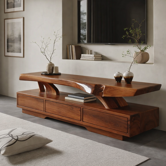Solid Wood TV Stand with Live Edge Top – Modern Media Console Table