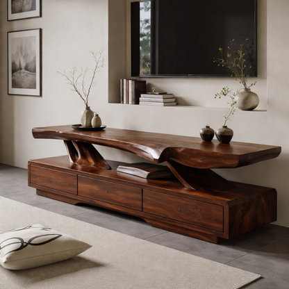 Solid Wood TV Stand with Live Edge Top – Modern Media Console Table