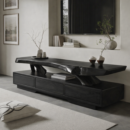 Solid Wood TV Stand with Live Edge Top – Modern Media Console Table