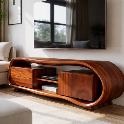 Solid Wood Curved TV Stand – Sculptural Media Console with Organic Design