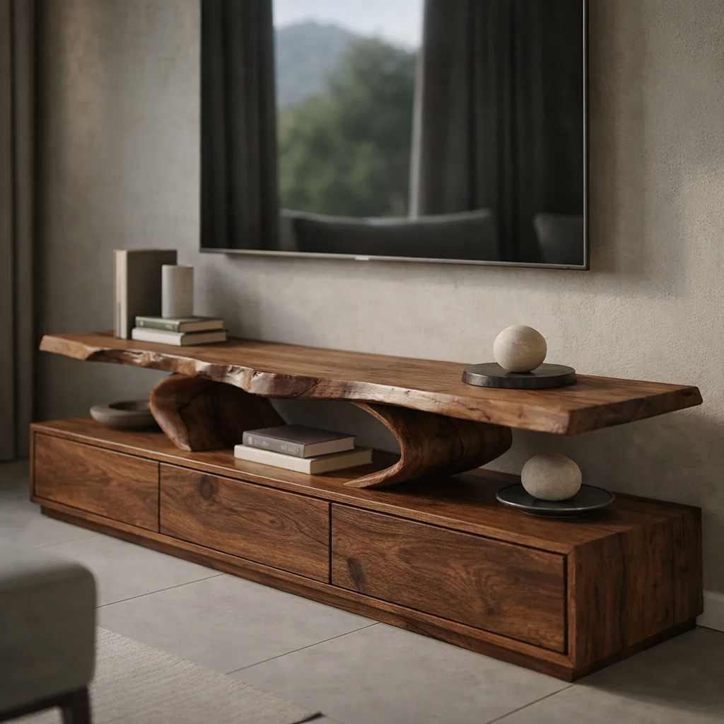 Live Edge Solid Wood TV Stand – Organic Modern Low Profile Media Console with Storage