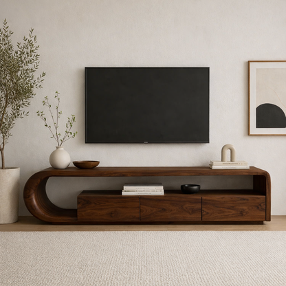 Solid Wood TV Stand with Curved Base – Modern Low Profile Media Console with Storage