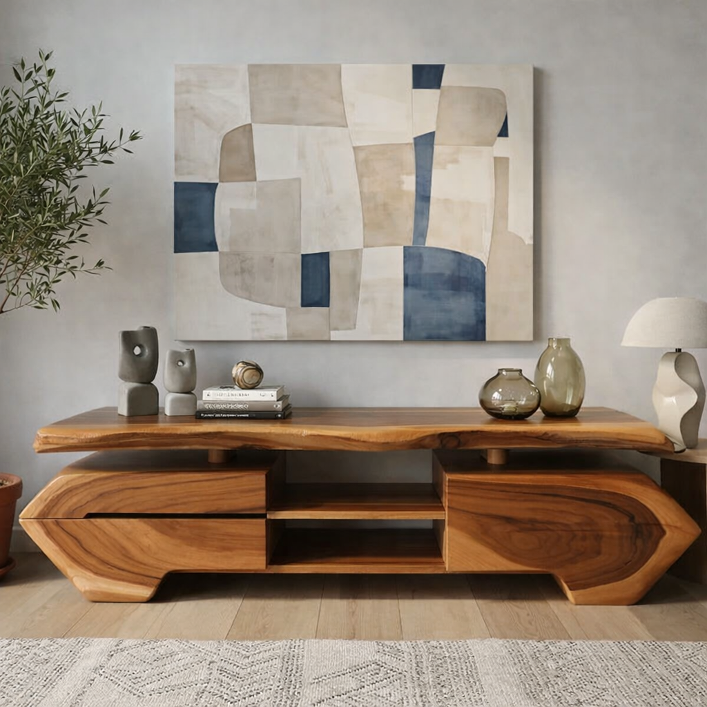 Live Edge Solid Wood TV Stand – Modern Oak Media Console with Sculptural Base