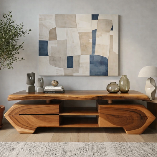Live Edge Solid Wood TV Stand – Modern Oak Media Console with Sculptural Base