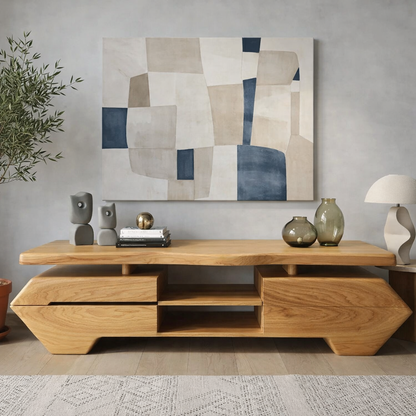 Live Edge Solid Wood TV Stand – Modern Oak Media Console with Sculptural Base