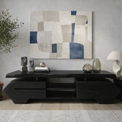 Live Edge Solid Wood TV Stand – Modern Oak Media Console with Sculptural Base