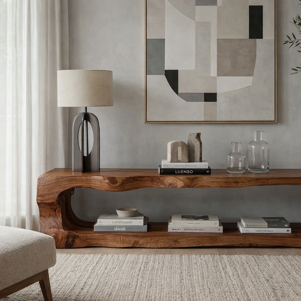 Solid Wood Sculptural TV Stand – Organic Modern Live Edge Media Console