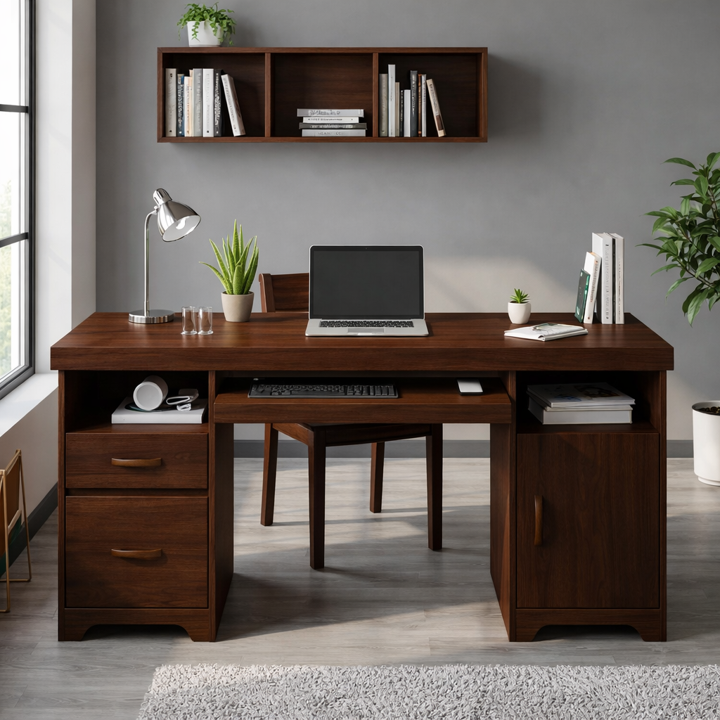 Solid Wood Writing Desk with Storage – Modern Home Office Desk with Drawers and Shelves