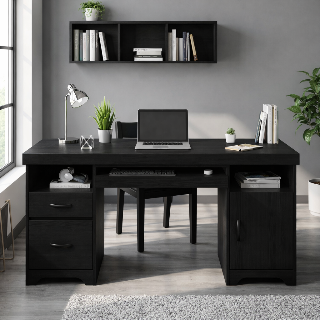 Solid Wood Writing Desk with Storage – Modern Home Office Desk with Drawers and Shelves
