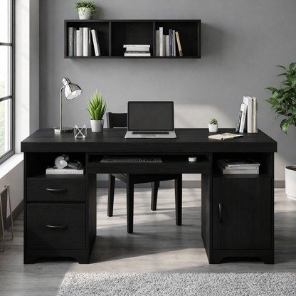 Solid Wood Writing Desk with Storage – Modern Home Office Desk with Drawers and Shelves