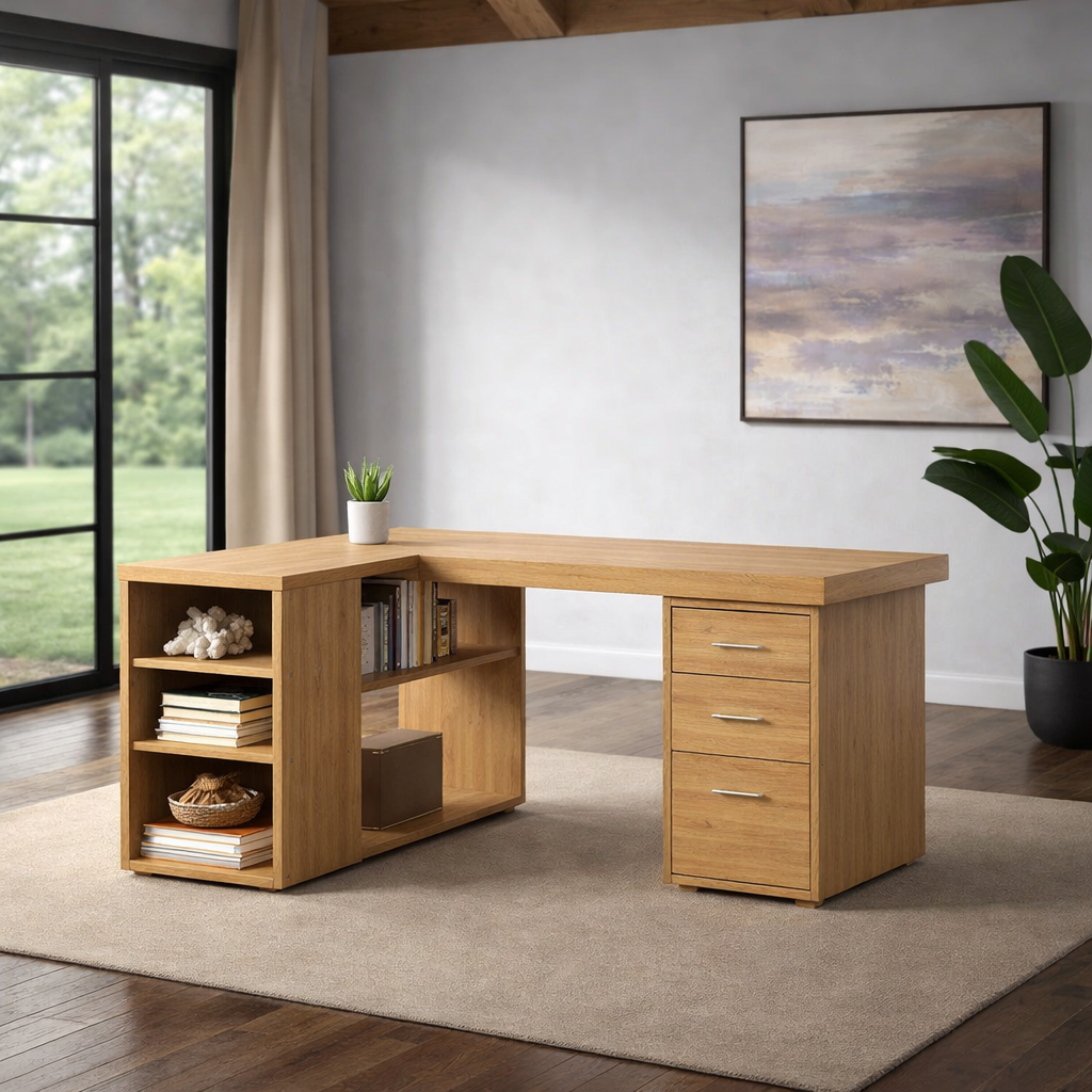 Solid Wood L-Shaped Desk with Storage – Corner Home Office Desk with Drawers and Shelves