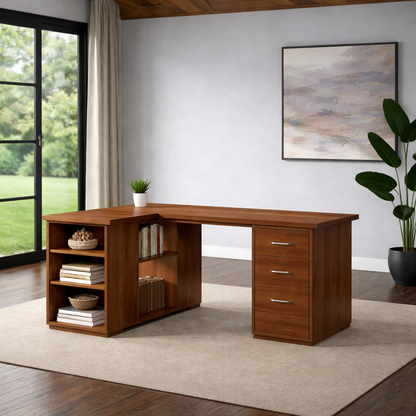 Solid Wood L-Shaped Desk with Storage – Corner Home Office Desk with Drawers and Shelves
