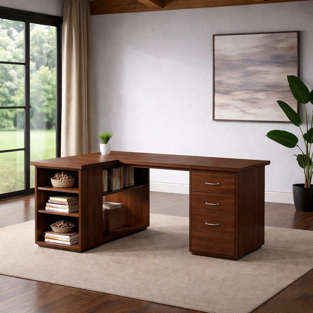 Solid Wood L-Shaped Desk with Storage – Corner Home Office Desk with Drawers and Shelves