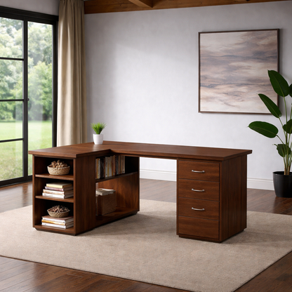 Solid Wood L-Shaped Desk with Storage – Corner Home Office Desk with Drawers and Shelves