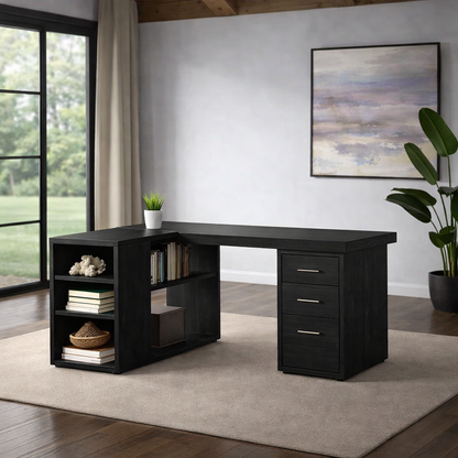 Solid Wood L-Shaped Desk with Storage – Corner Home Office Desk with Drawers and Shelves
