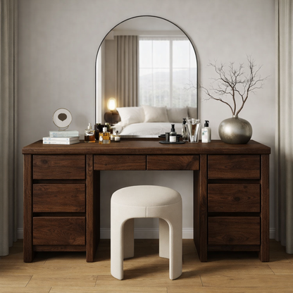 Solid Wood Makeup Vanity Desk – Modern Dressing Table with 8 Drawers Storage