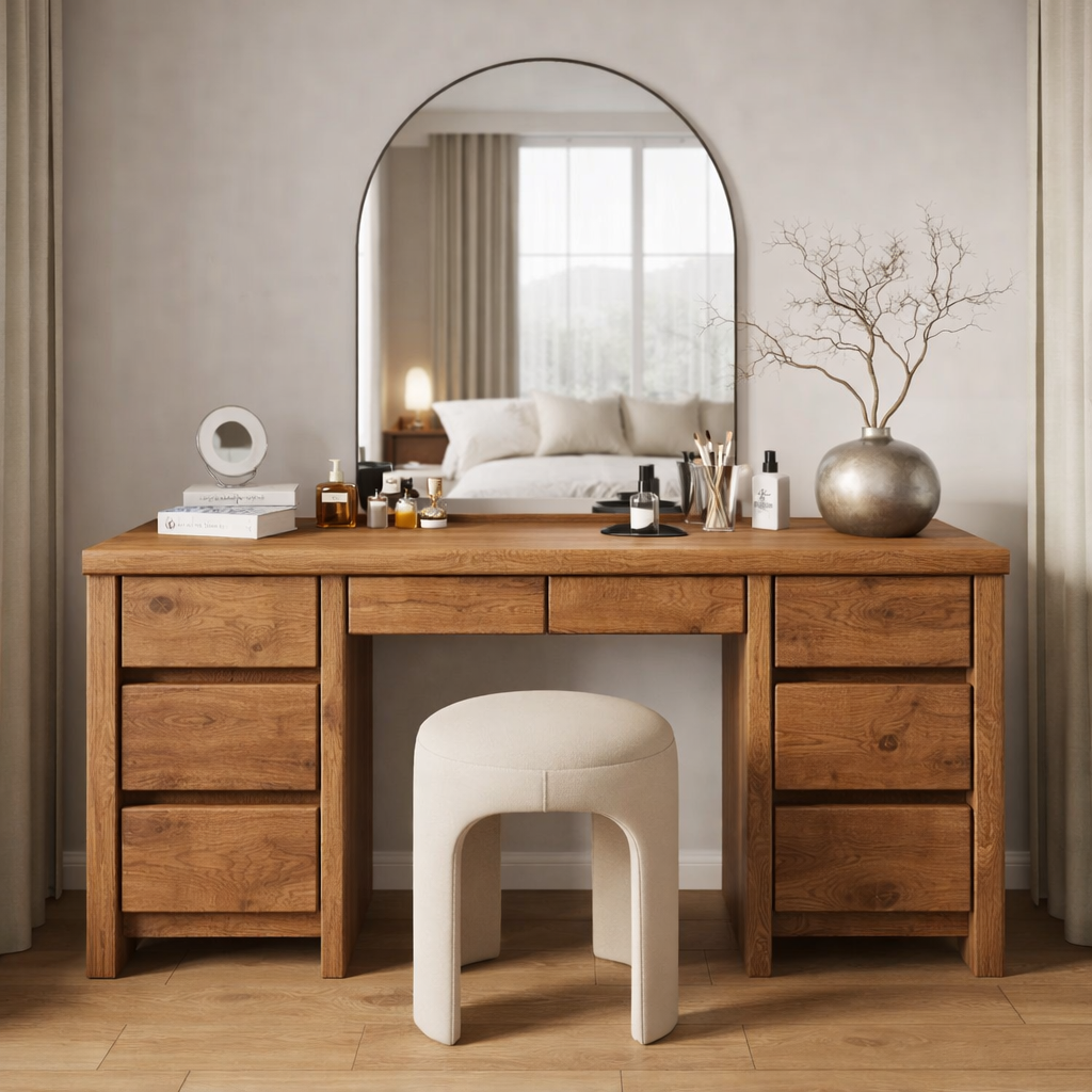 Solid Wood Makeup Vanity Desk – Modern Dressing Table with 8 Drawers Storage