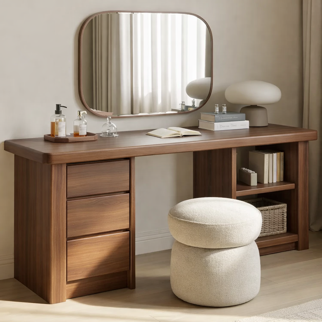 Solid Wood Makeup Vanity Desk – Minimalist Dressing Table with Drawers & Open Shelf