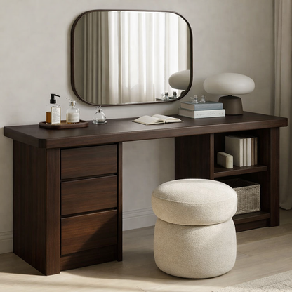 Solid Wood Makeup Vanity Desk – Minimalist Dressing Table with Drawers & Open Shelf