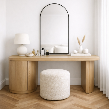 Solid Wood Makeup Vanity Desk with Curved Side Cabinet and Rounded Leg