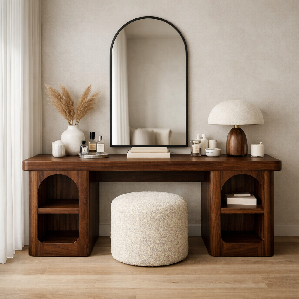 Solid Wood Makeup Vanity Desk with Open Shelves – Modern Vanity Table