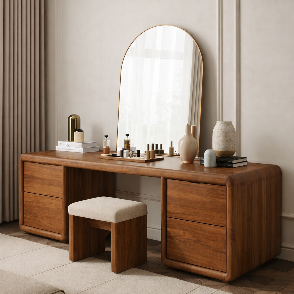 Solid Wood Makeup Vanity Desk with 4 Drawers, Rounded Waterfall Wooden Dressing Table