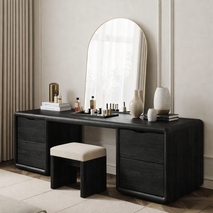 Solid Wood Makeup Vanity Desk with 4 Drawers, Rounded Waterfall Wooden Dressing Table