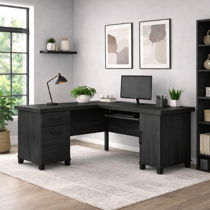 Solid Wood L Shaped Office Desk with 2 Drawers, Storage Cabinet and Keyboard Tray