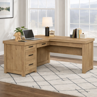 Solid Wood L Shaped Executive Office Desk with 4 Drawers and Corner Work Surface