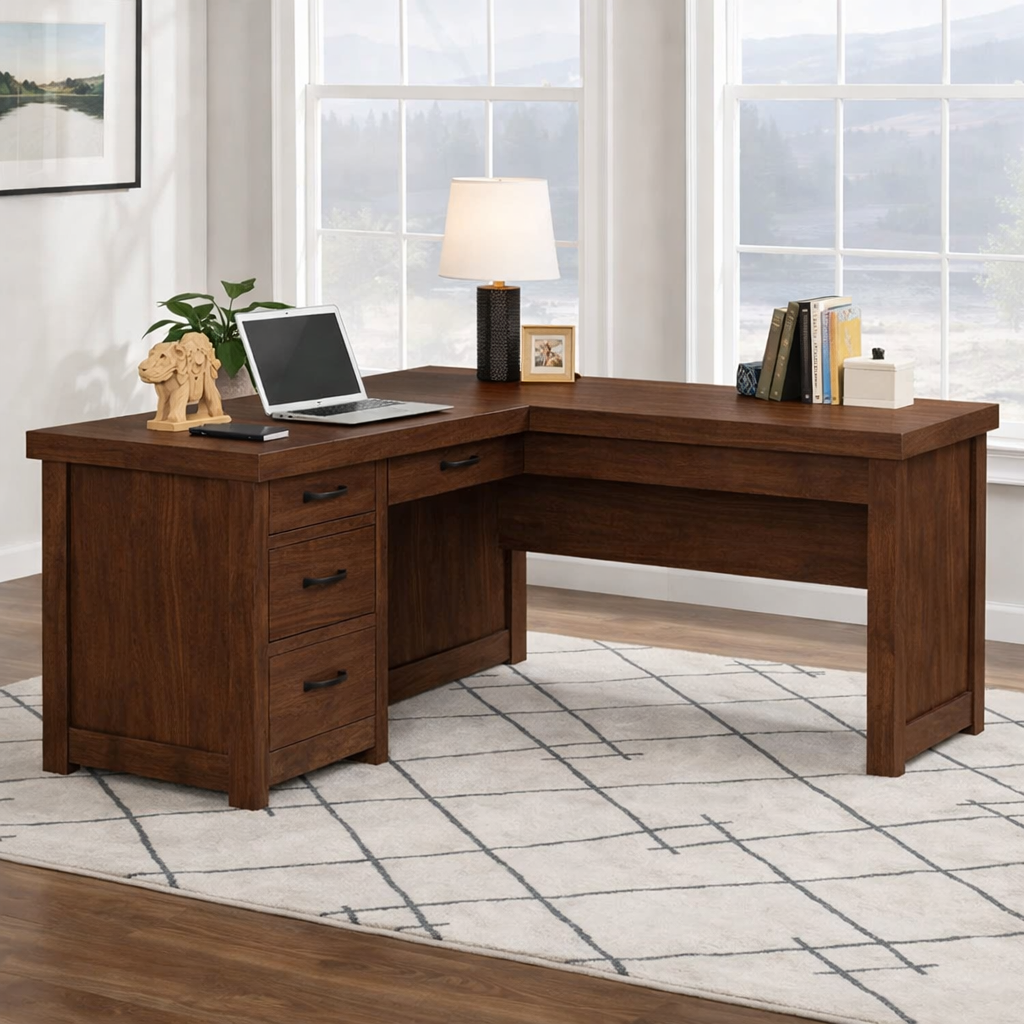 Solid Wood L Shaped Executive Office Desk with 4 Drawers and Corner Work Surface