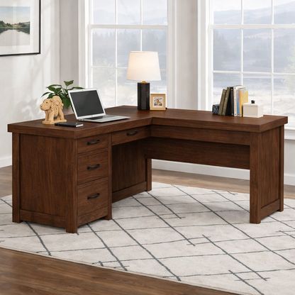 Solid Wood L Shaped Executive Office Desk with 4 Drawers and Corner Work Surface