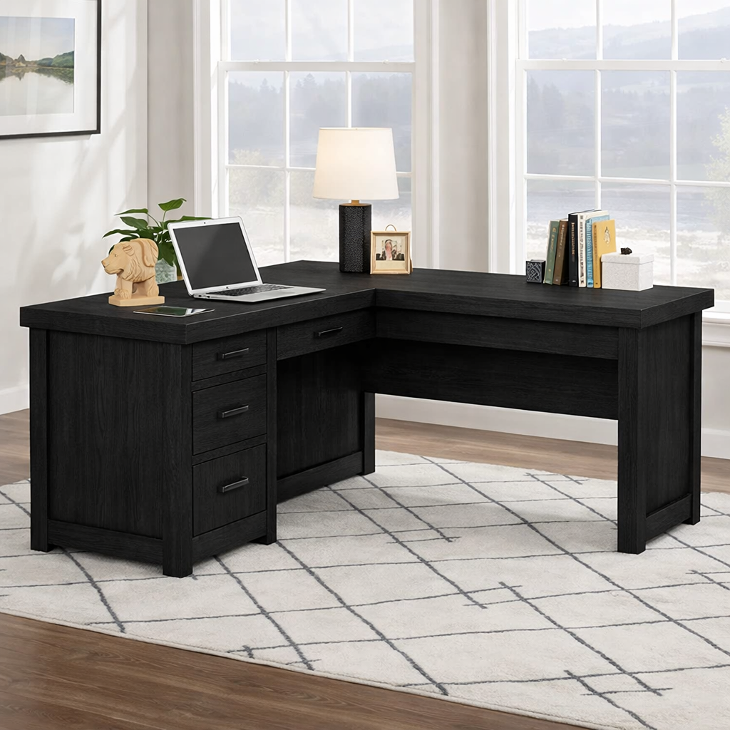 Solid Wood L Shaped Executive Office Desk with 4 Drawers and Corner Work Surface