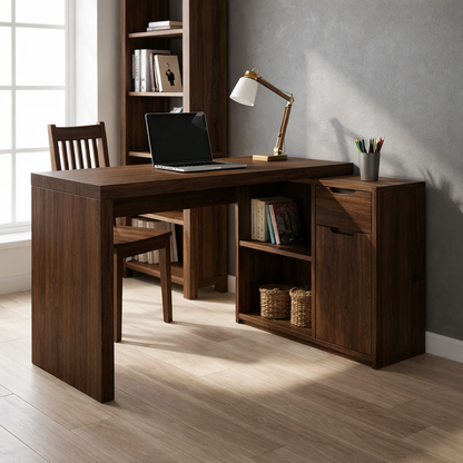 Solid Wood Desk with Storage Cabinet & Shelves – Modern Home Office Table