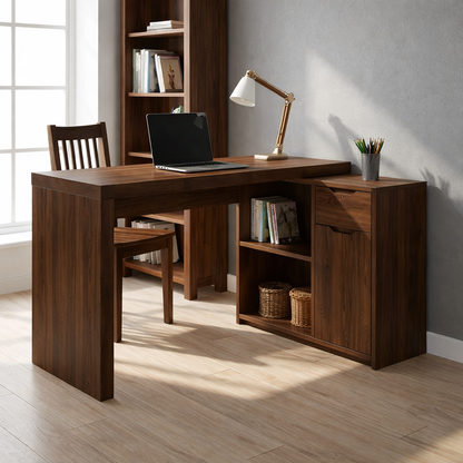 Solid Wood Desk with Storage Cabinet & Shelves – Modern Home Office Table