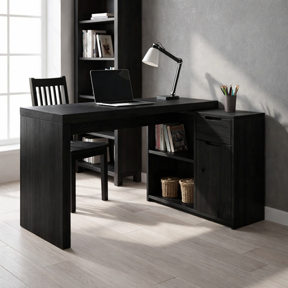 Solid Wood Desk with Storage Cabinet & Shelves – Modern Home Office Table