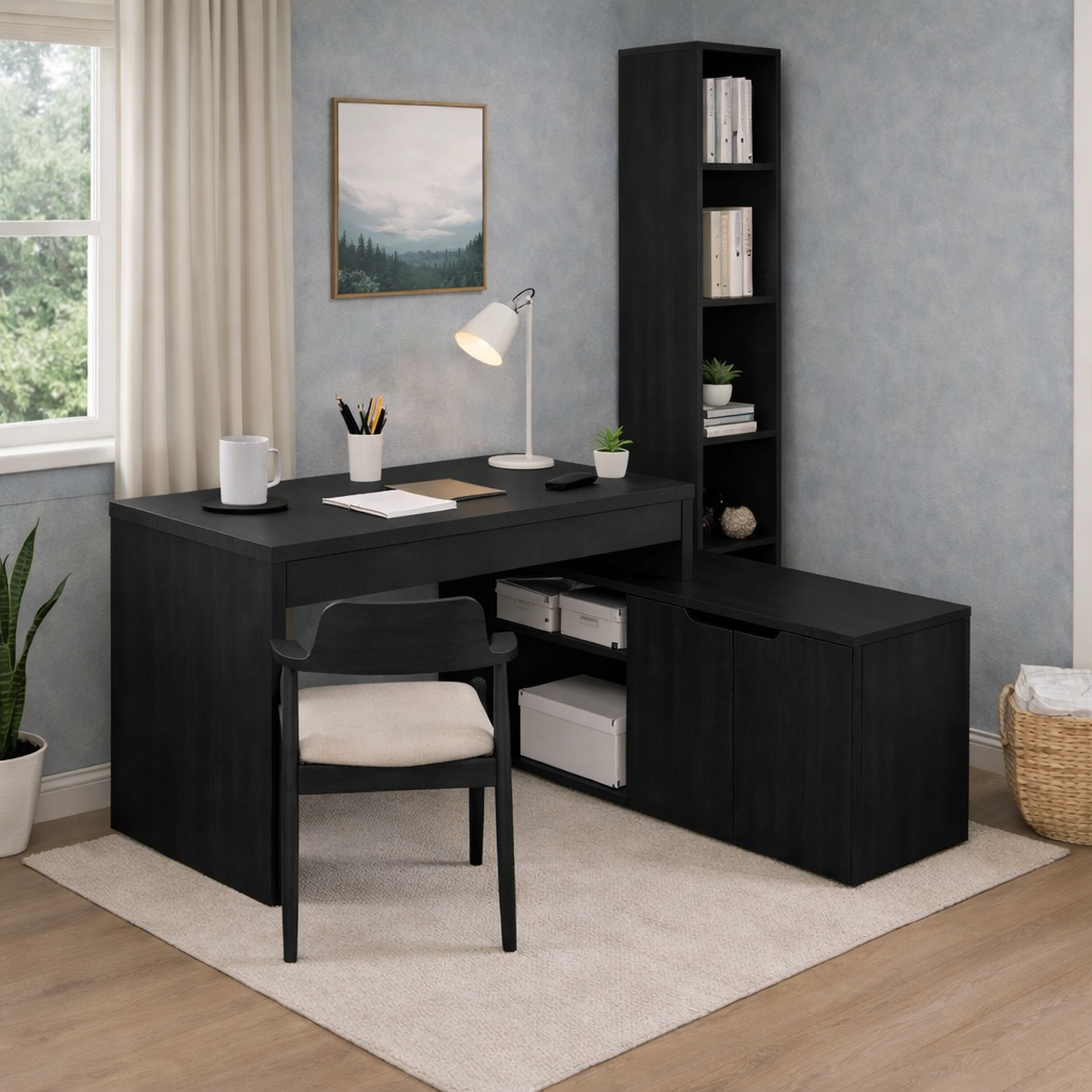 Solid Wood L-Shaped Desk with Bookshelf & Storage Cabinet – Modern Home Office Desk