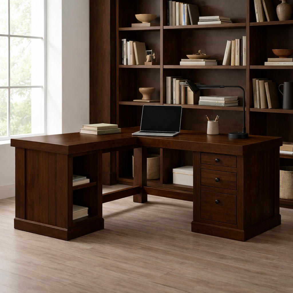 Solid Wood L Shaped Office Desk with 3 Drawers and Open Side Shelves, Modern Wooden Corner Desk