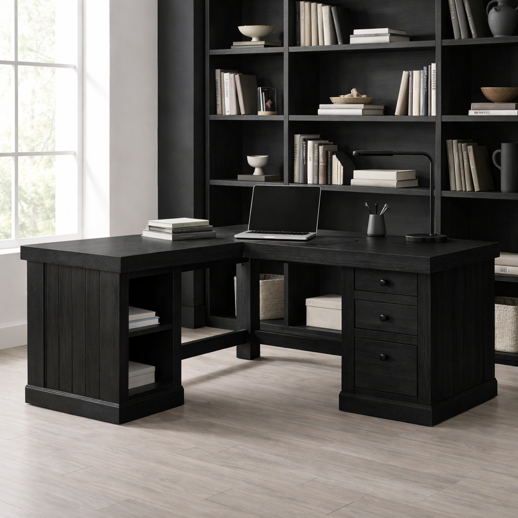 Solid Wood L Shaped Office Desk with 3 Drawers and Open Side Shelves, Modern Wooden Corner Desk
