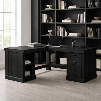 Solid Wood L Shaped Office Desk with 3 Drawers and Open Side Shelves, Modern Wooden Corner Desk