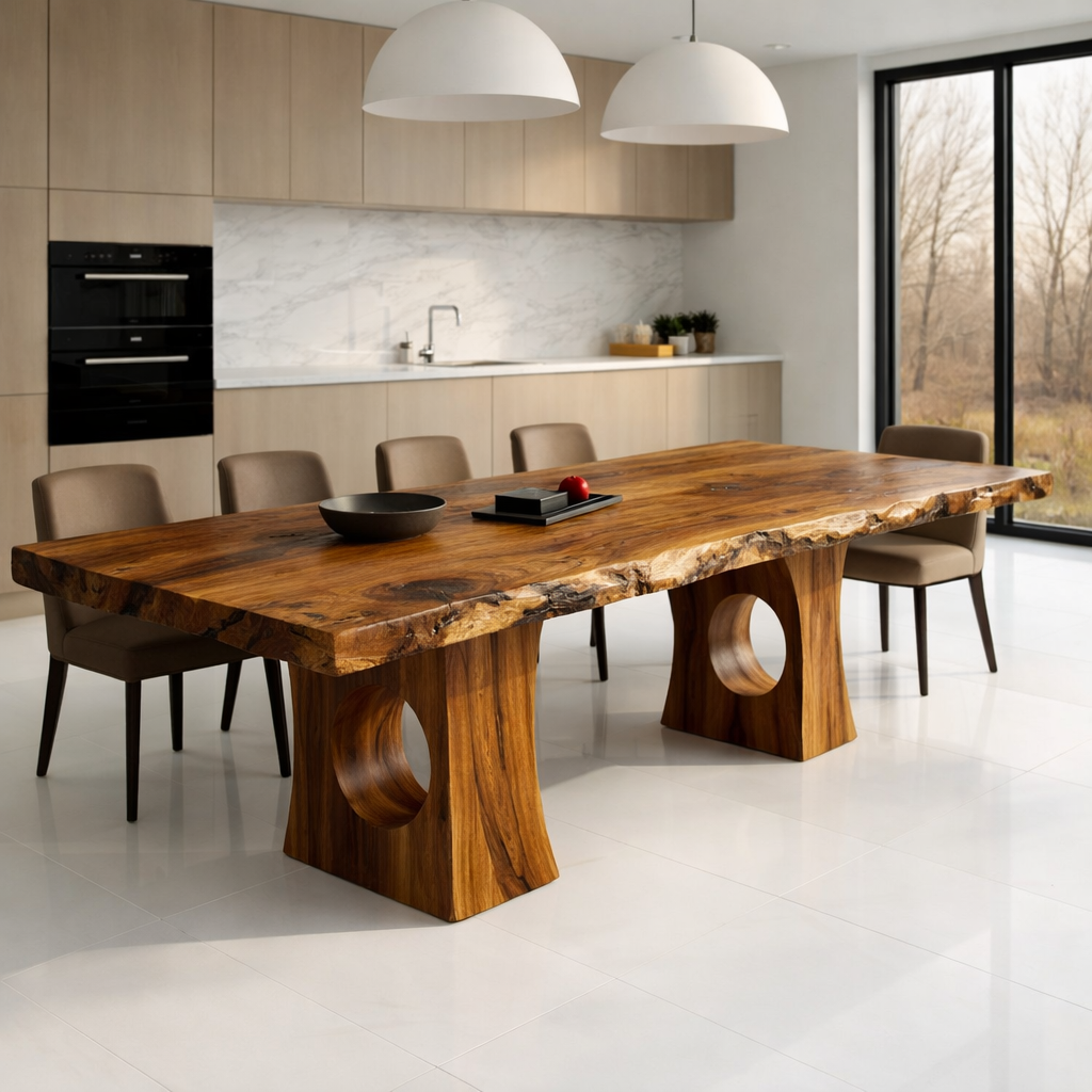 Solid Wood Live Edge Dining Table with Sculptural Cutout Base
