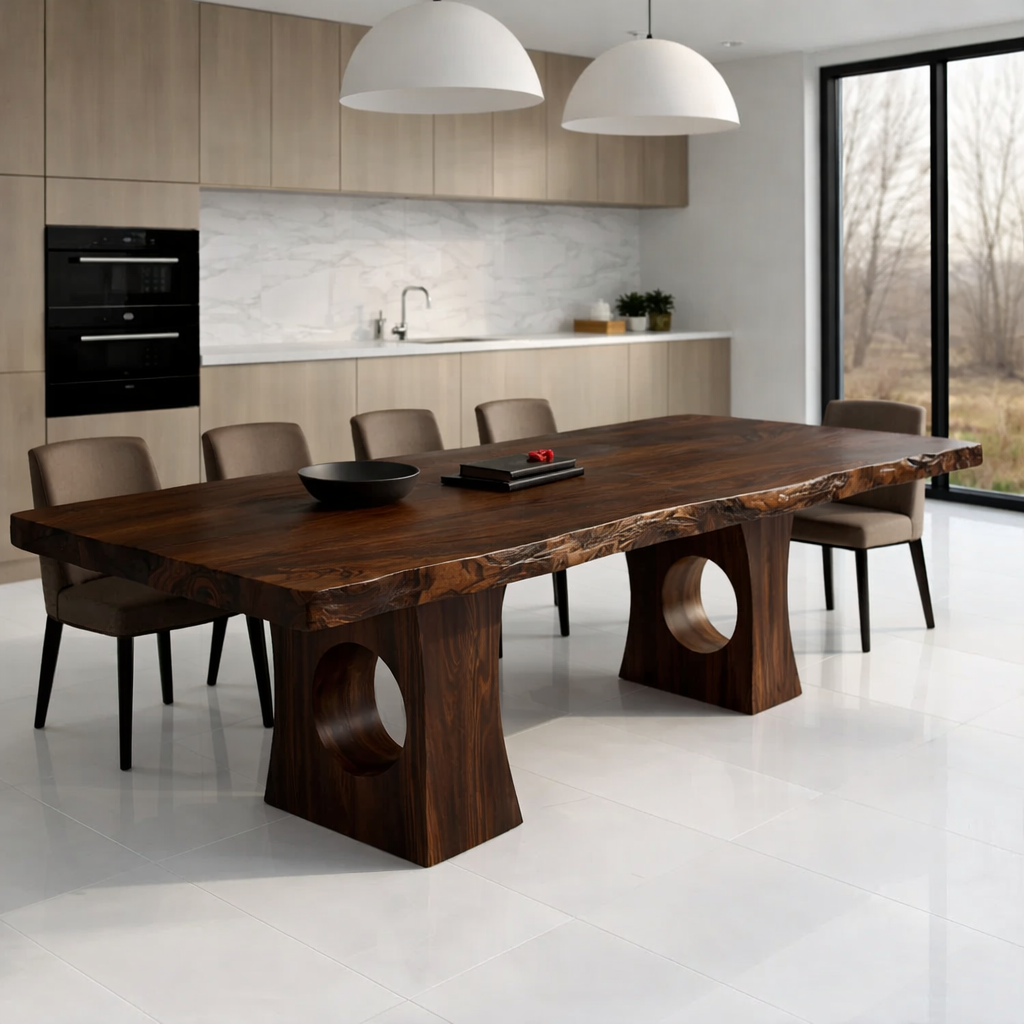 Solid Wood Live Edge Dining Table with Sculptural Cutout Base