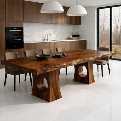 Solid Wood Live Edge Dining Table with Sculptural Cutout Base