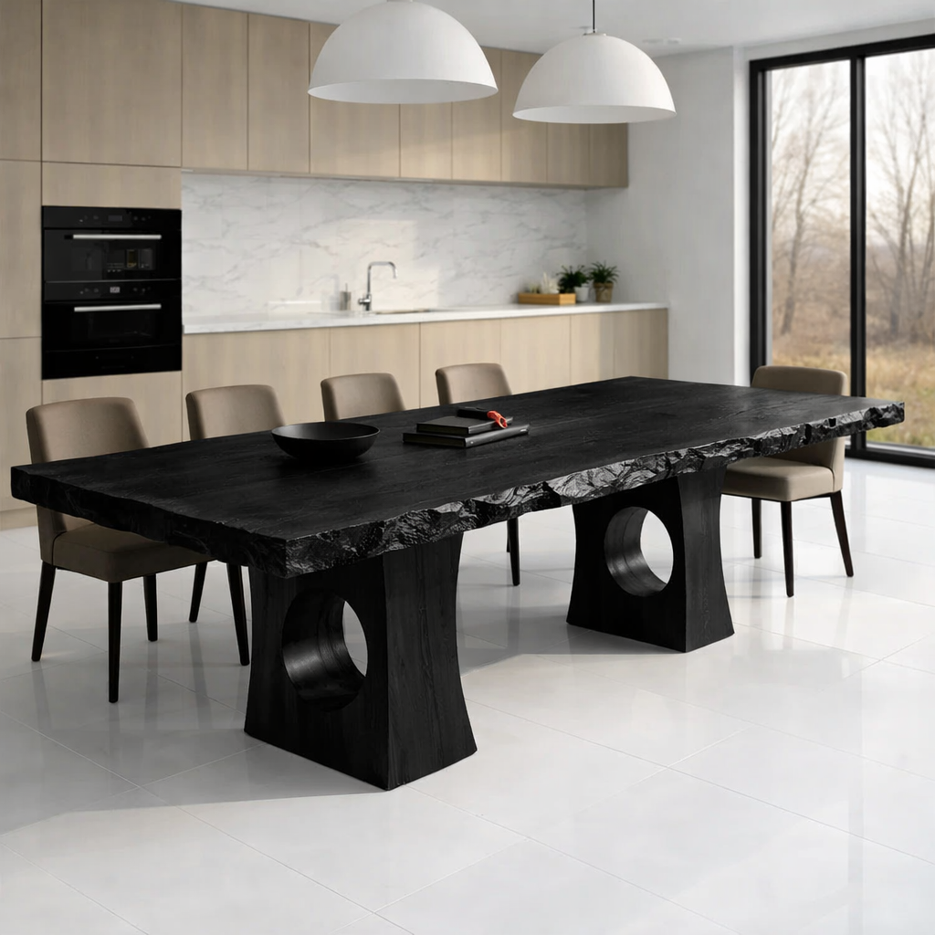 Solid Wood Live Edge Dining Table with Sculptural Cutout Base