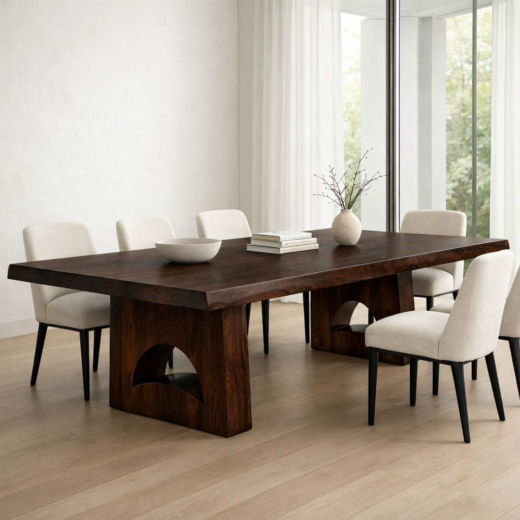 Solid Wood Dining Table with Live Edge Top and Sculptural Arch Base