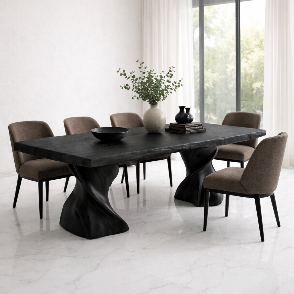 Solid Wood Dining Table with Live Edge Top and Sculptural Twist Base